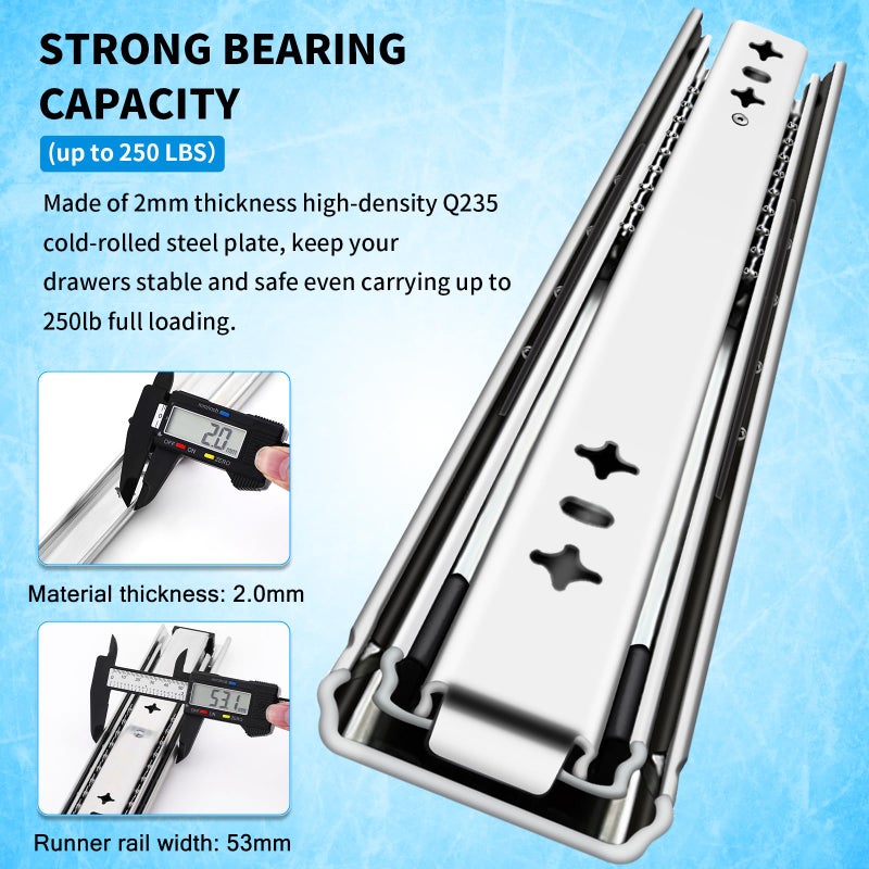 YENUO Heavy Duty Drawer Slides Full Extension 12 14 1618 20 22 24 26 28 30 32 34 36 38 40 Inch Side Mount Ball Bearing RailsTrack Guide Glides Runners 195 Lbs 1 Pair (No Lock) -W:53mm, 32 Inch - Image 3
